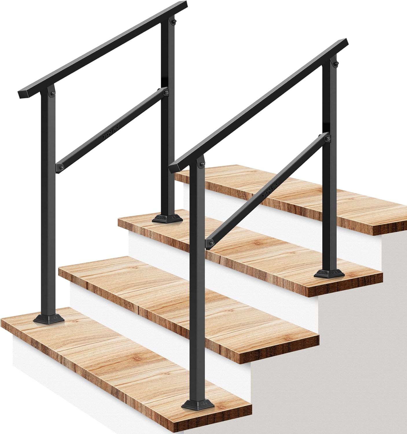VIVOSUN 2-Pack Outdoor Handrail, 3 Step Stair Handrail, 40" x 36" Fits 1 to 3 Steps, Wrought Mattle Iron Handrail for Concrete Steps, Porch Steps, One-Step Assembly, 2 Packs, Black