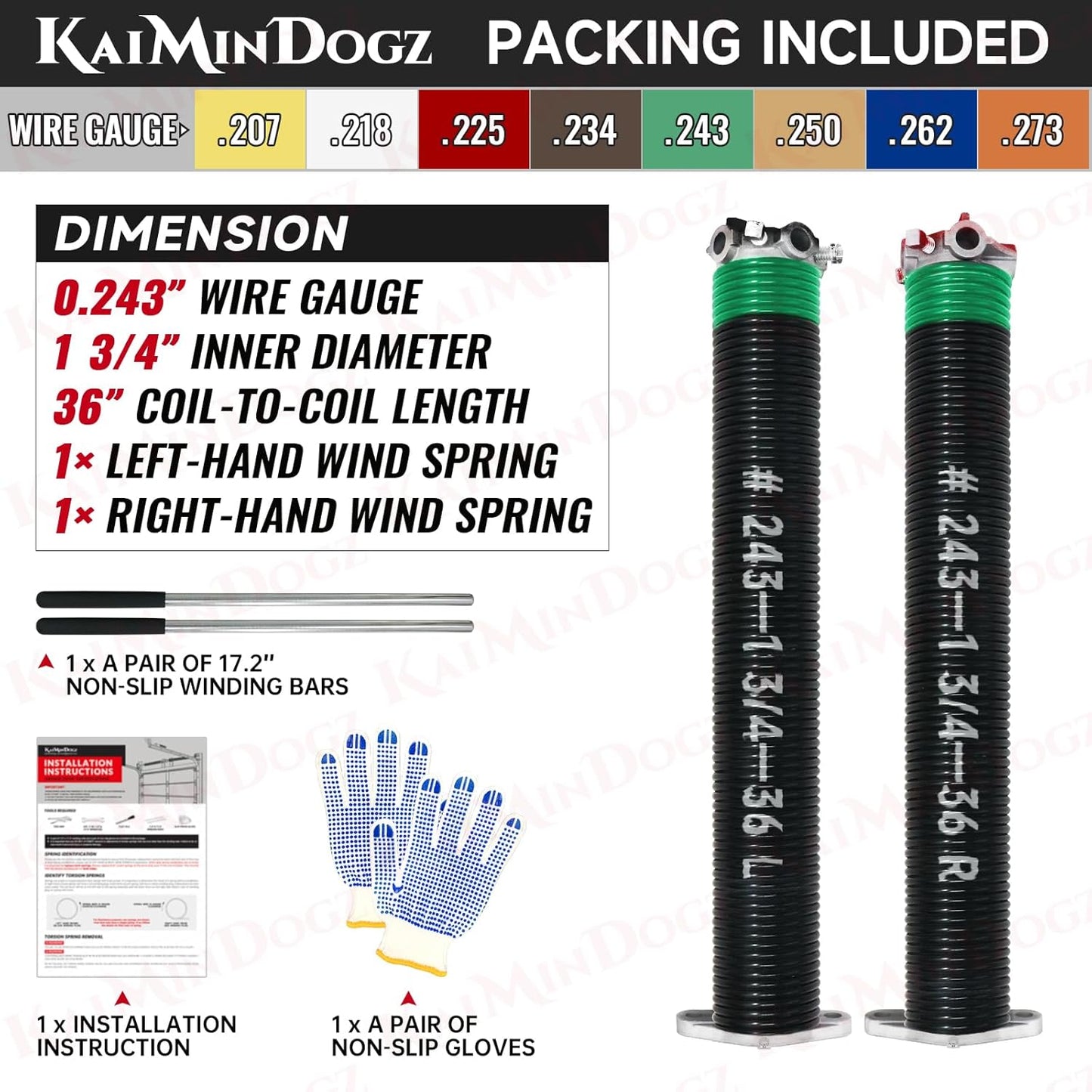 Pair of 1.75" Garage Door Torsion Springs Set with Non-Slip Winding Bars&Gloves, High Precision Electrophoresis Oil-Free Black Coated for Replacement, MIN 16,000 Cycles (0.243 x 1.75"x 36")