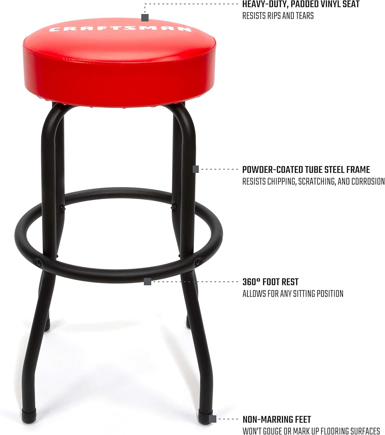 Craftsman Fixed Height Work Shop Stool, 28.5-inches Tall, Rip-Resistant Padded Vinyl Seat, 300-lb Capacity, 360-degree Footrest, Non-Marring Feet