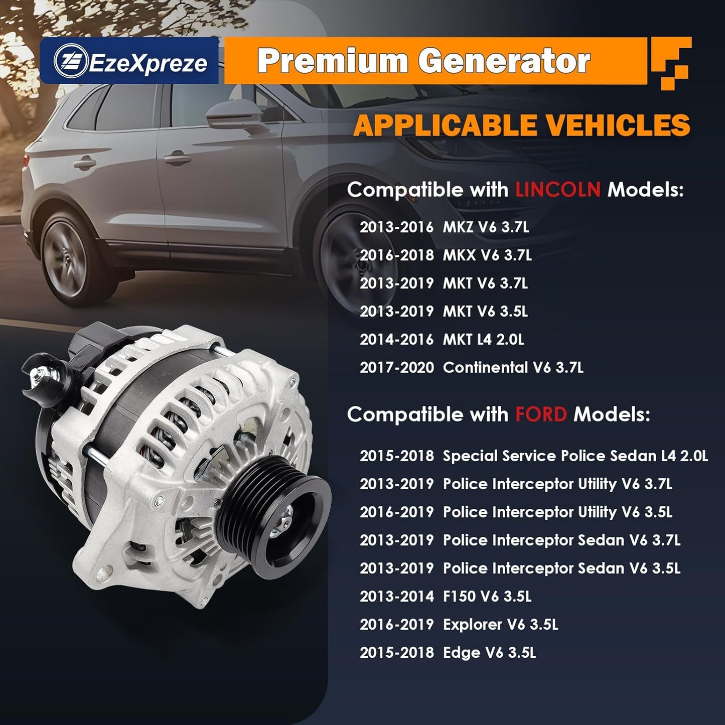 EzeXpreze Alternator Compatible With Ford Explorer 3.5L 2016-2019, F150 V6 3.5L 2013-2014, Lincoln MKT 2.0L 2014-2016, MKT 3.5L 3.7L 2013-2019, 225A Replaces 104210-6601,11629N,DG1T-10300-EB