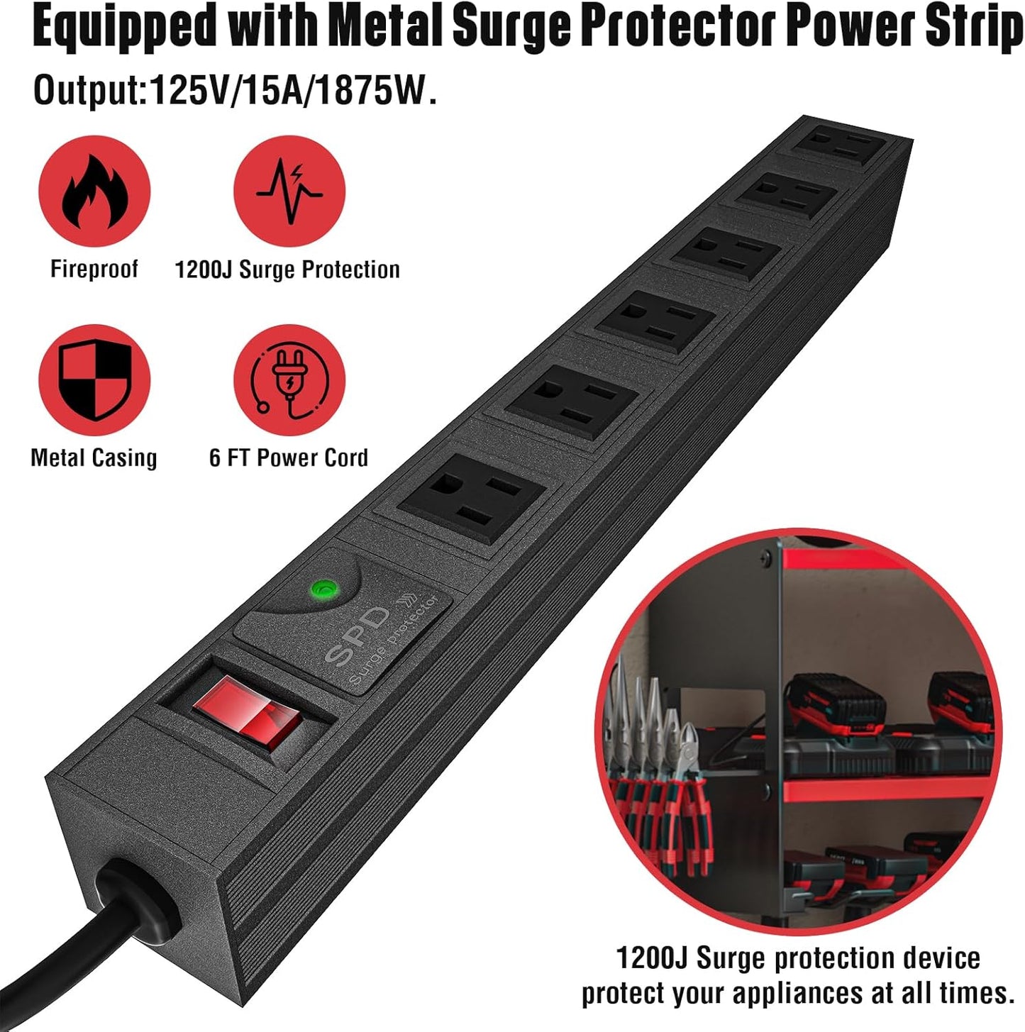 YYR Power Tool Organizer with Charging Station Wall Mount, Cordless Drill and Battery Holder for Garage Organization, Electric Tools Storage Rack Build in Surge Protection Power Strip - Red Shelf