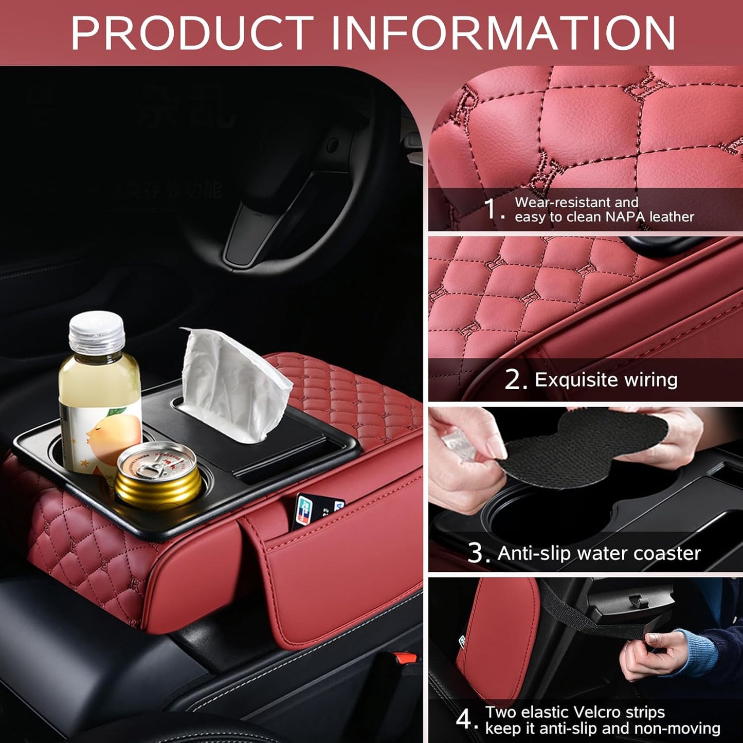 5 in 1 Car Armrest Storage Box for Center Console, Armrest Cushion Cover for Car with 2 Cup Holders Storage Bags, Tissue Box, Phone Slot, Premium Memory Foam with Nappa Leather, 14.2*7.9*2.8in, Black