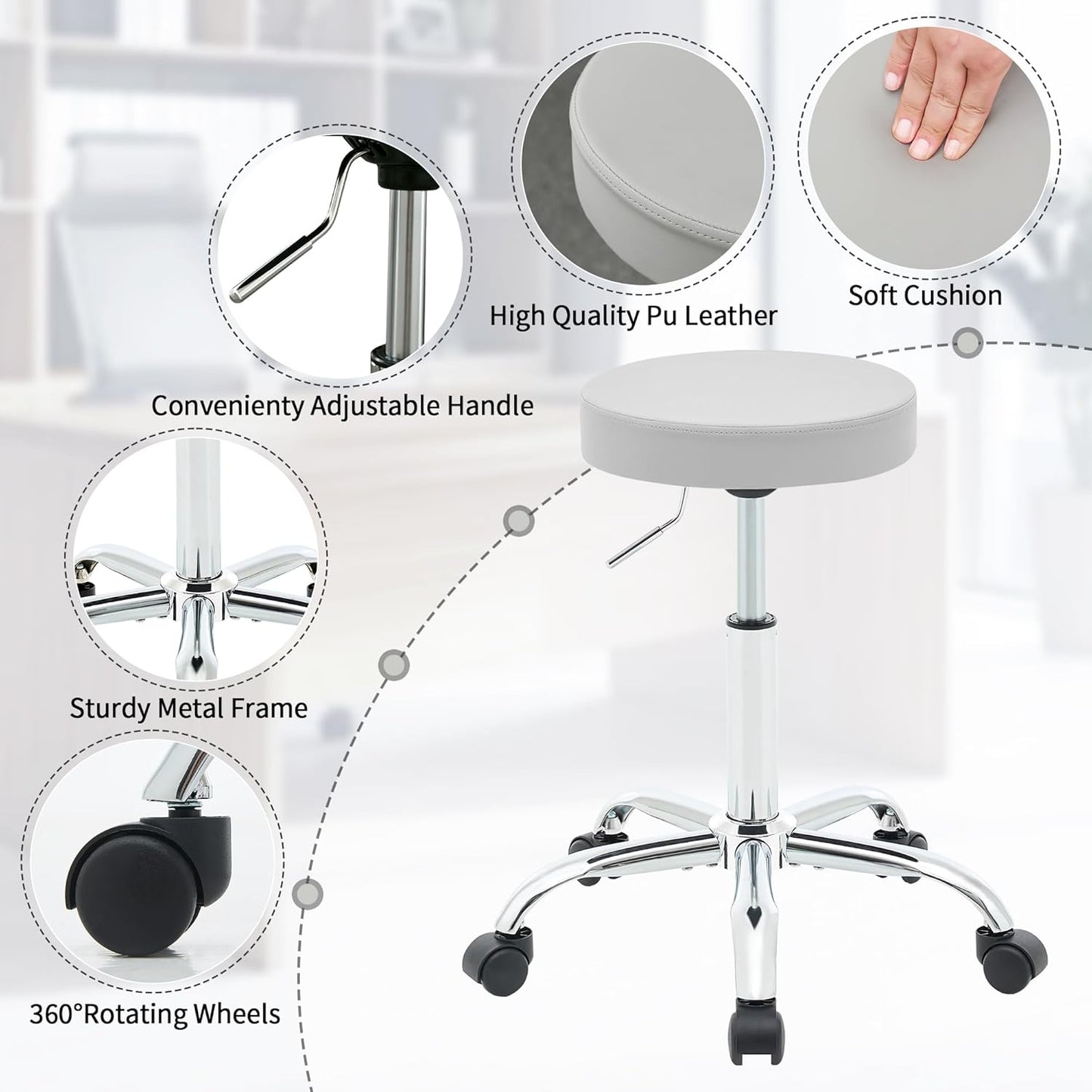 Drafting Stool, Adjustable Office Chair19.5’’-26.6’’, Gray Work Stools with Wheels (Gray)