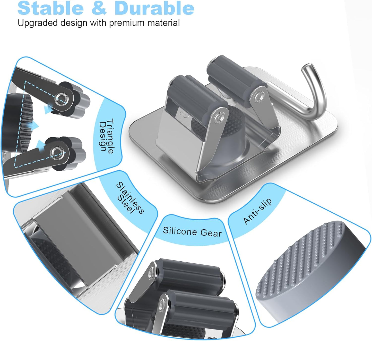 4 Pack Stainless Steel Mop and Broom Gripper with Hook, Screw Drilling or Self Adhesive Mop and Broom Holder Wall Mount, Storage Rack for Closet Laundry Garage Garden Tool Organizer, Silver