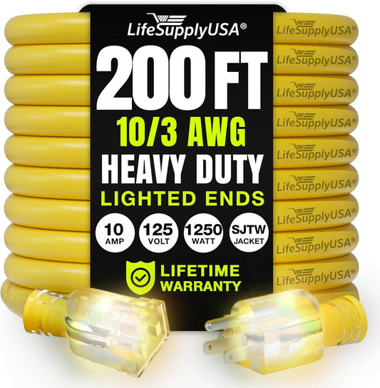 200ft Outdoor/Indoor Extension Cord 10/3 Gauge Ultra Heavy Duty 3 Prong SJTW, Waterproof, Flexible Cold-Resistant Long Power Cord,10A 125V 1250W, Yellow by LifeSupplyUSA