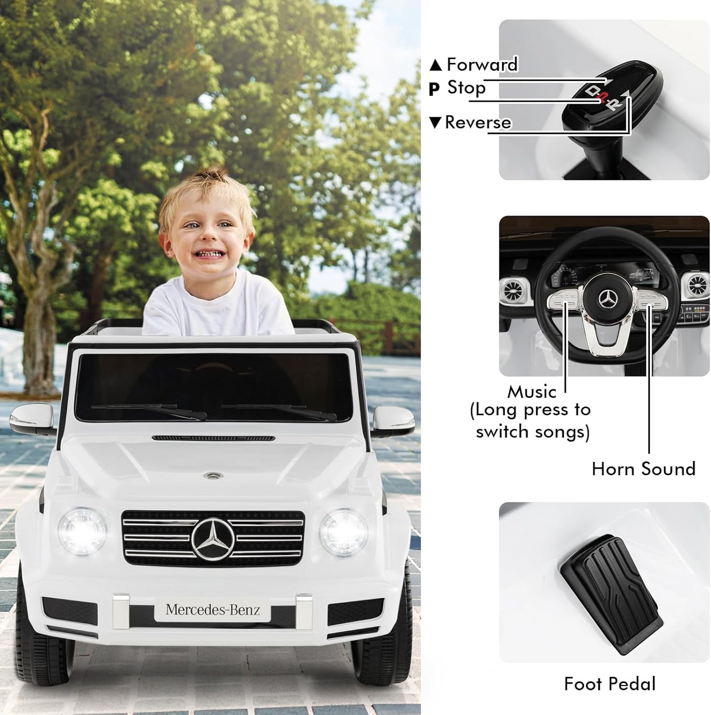 HONEY JOY Ride On Car, 12V Licensed Mercedes Benz G500, Battery Powered Ride On Truck, Lights, Music, Rocking Mode, Slow Start, Electric Cars for Kids Boys Girls (White)