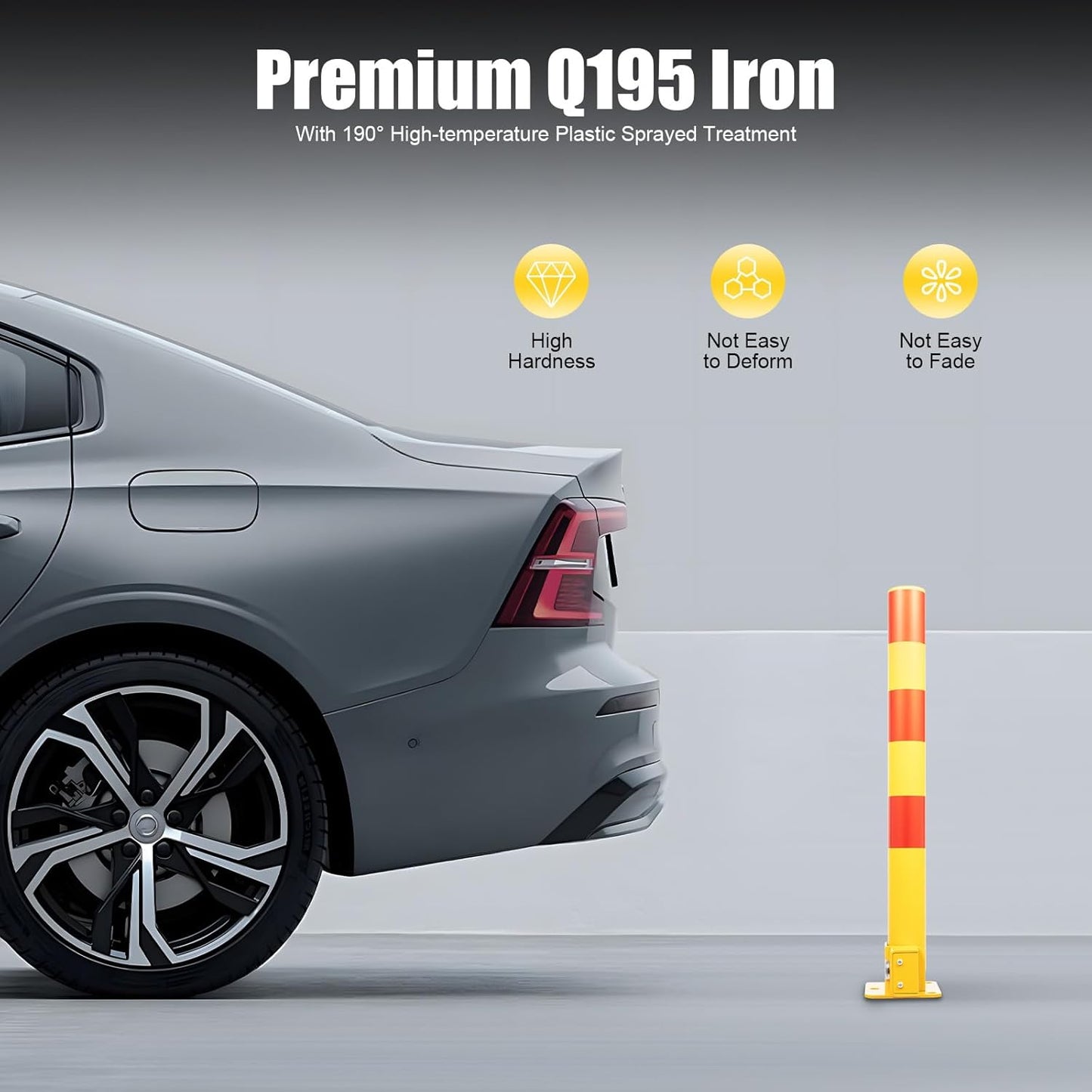 23In Q195 Iron Pipe Safety Bollard Yellow & Red Parking Barrier, Automatic Locking Folding Metal Post with Warning Stripes for Lots, Storefronts, Entrances