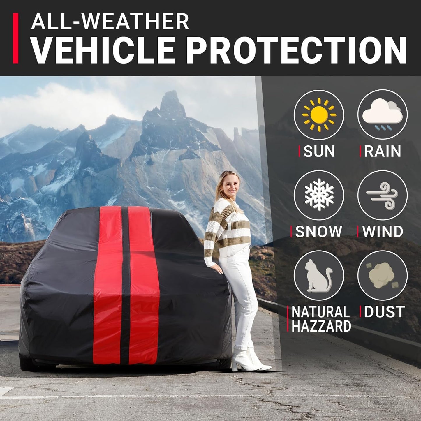iCarCover Custom Car Cover for Pontiac Grandville (1971-1975) Waterproof All-Weather Rain Snow UV Sun Protector Full Exterior Indoor Outdoor Car Cover (Stripe - Black/Red)