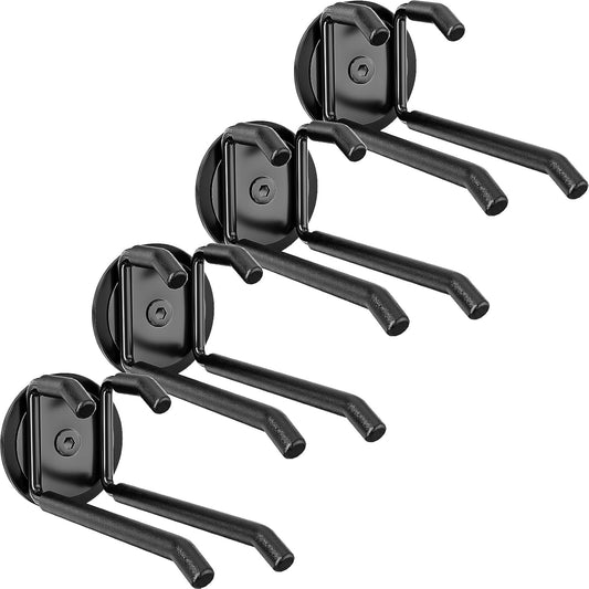 Strong Magnetic Hooks Heavy Duty - 4 Pack Rare Earth Magnets for Garage Utility Storage 20lb Hold | Hang Ladder, Power Tools, Toolbox, Shovel, Broom, Extension Cord (E-Blackpro 4)