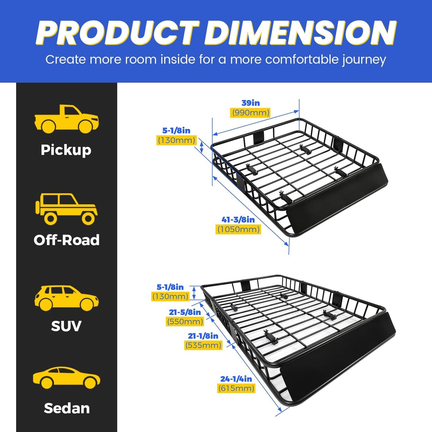 ECOTRIC 67" x 39" x 5.1'' Universal Roof Rack Cargo Carrier Basket with Extension Heavy Duty Steel Car SUV Top Luggage Storage Holder Basket for Travel 550LBS Weight Capacity