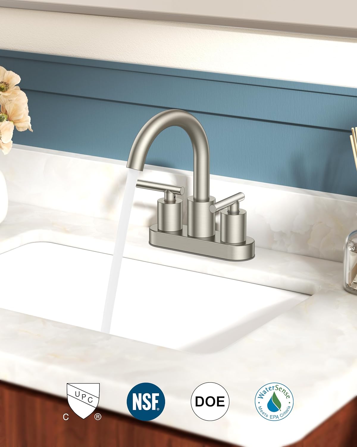 FORIOUS Brushed Nickel Bathroom Faucet 2 Hole, 4 Inch Centerset Bathroom Sink Faucet Brushed Nickel with Metal Dain, 24" CUPC Hoses, 360° Swivel Gooseneck for RV Basin