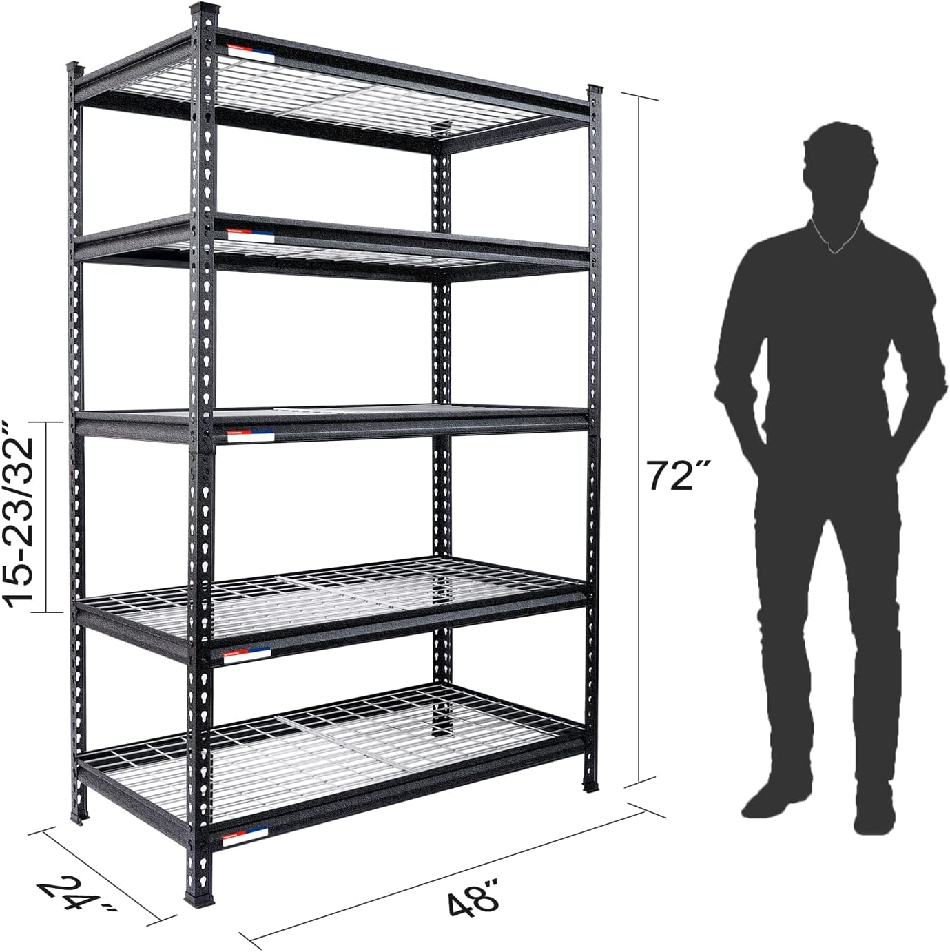 WORKPRO 5-Tier Metal Storage Shelving Unit, 48”W x 24”D x 72”H, Adjustable Storage Rack Heavy Duty Shelf, 4000 lbs Load Capacity (Total), for Garage, Kitchen, Bathroom, Warehouse, Black/Sliver, 2 Pack
