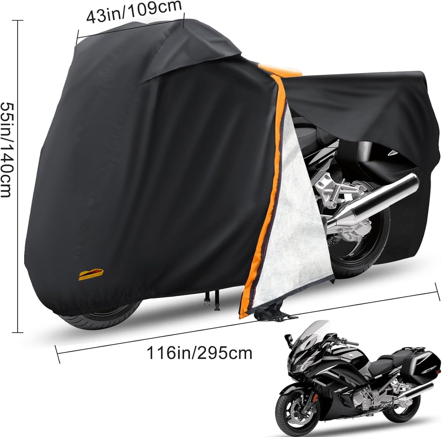 Motorcycle Cover,Waterproof Zipper Outdoor Cover for All Seasons Windproof, High Heat Resistance Dustproof and Rainproof Snowproof(Orange Zipper XXXL Fits Up to 116 inch)
