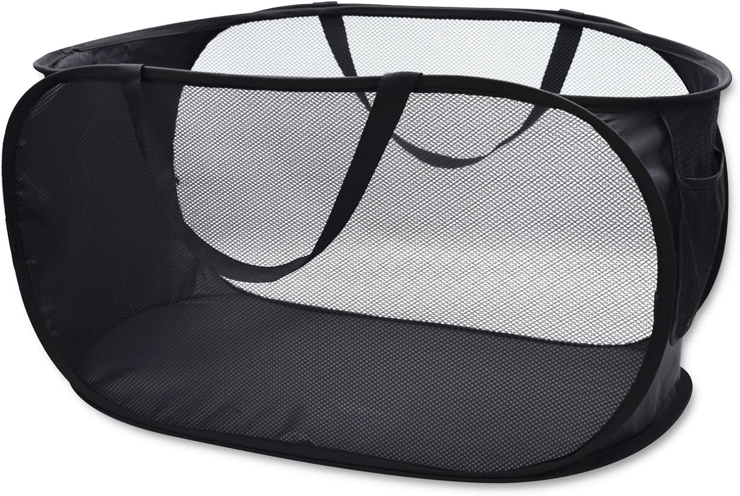 HONOMA Sturdy Mesh Laundry Hamper Basket Bag,Pop up Basket with Side Pocket for Laundry Room, Bathroom, Kids Room, College Dorm or Travel (Pop Horizontal, Black)