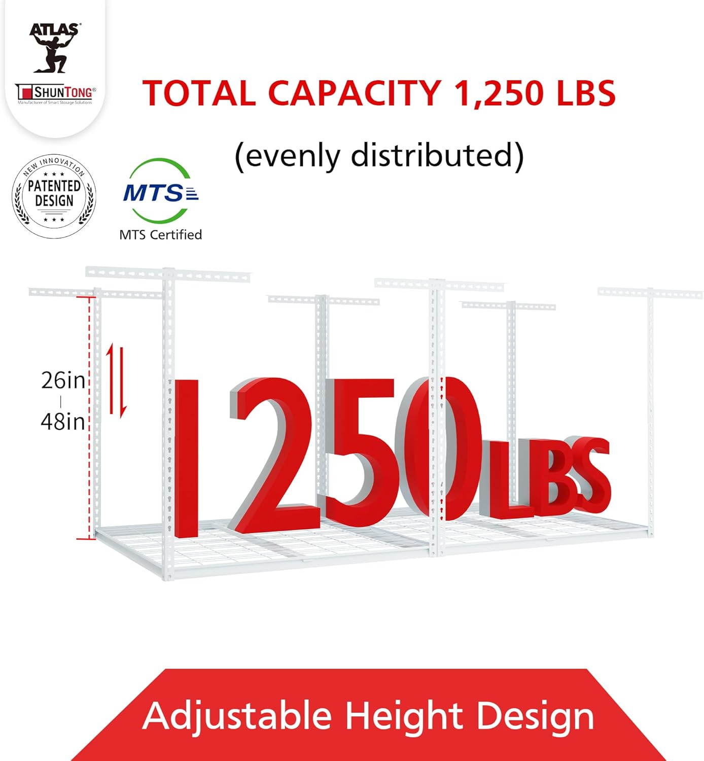 The Atlas Pro 4 x 8 ft Overhead Garage Storage Rack, Ultra Duty 1250lbs Weight Capacity, Adjustable Height 26"-48", White