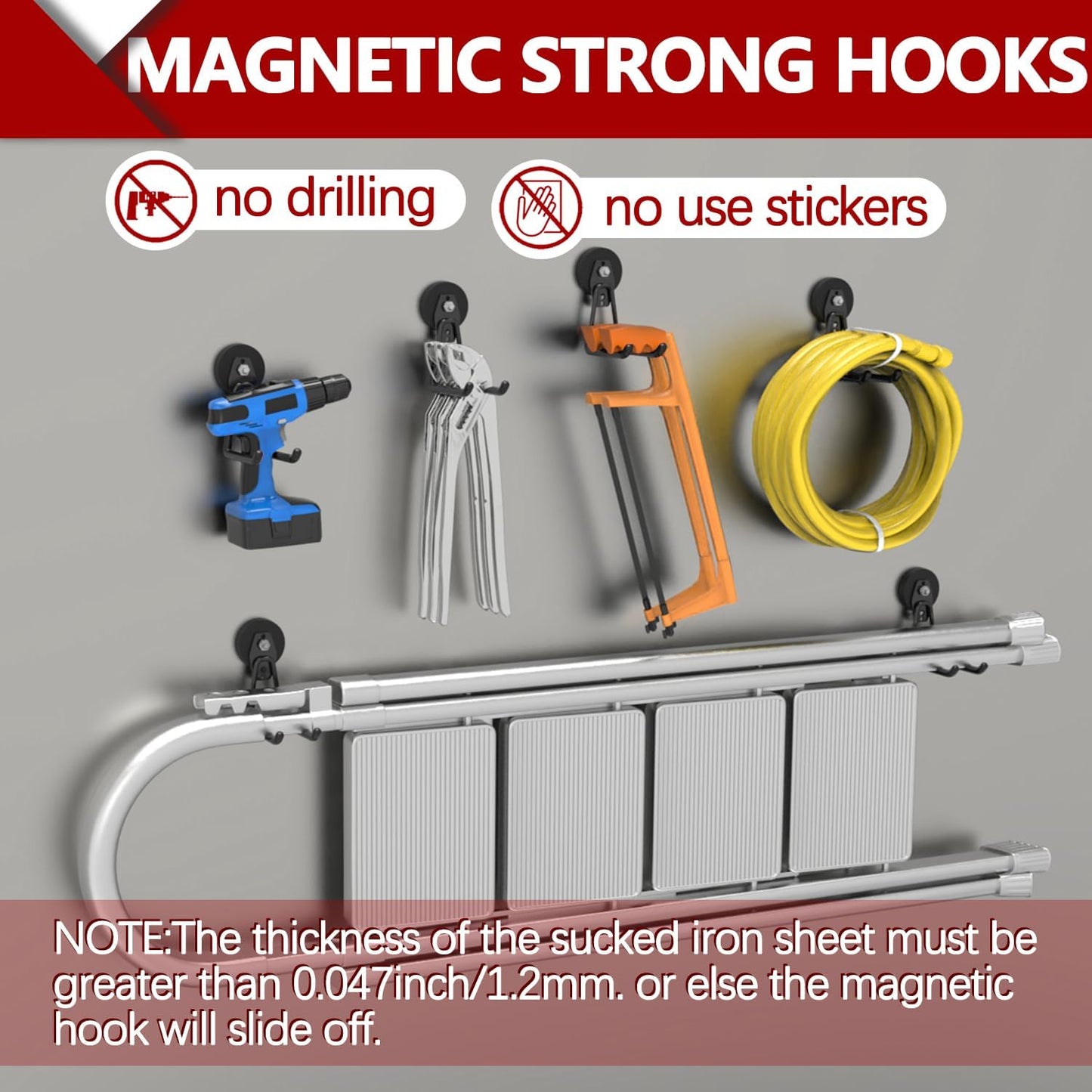 3-H Heavy Duty Magnet Garage Hooks 4 Pack, Extra Large Strong Magnetic Hooks for Hanging Cordless Power Drill, Utility Magnetic Tool Holder for Metal Cabinet, Steel Pegboard, Toolbox, Garage(Black)