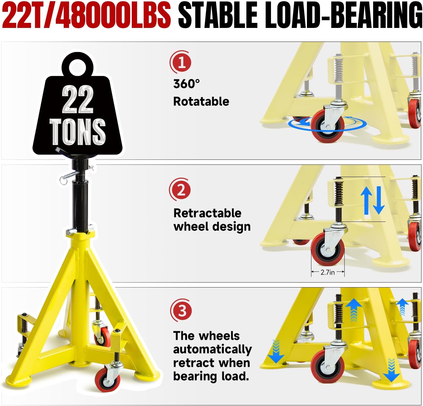 22 Ton (48,000 lbs) Jack Stands Heavy Duty Jack Stand Double Locking Pin Type Car Jack Stand Adjustable Height to 43'' with 360° Wheels for Garage, Repair Shop and DIY, 1 Pc
