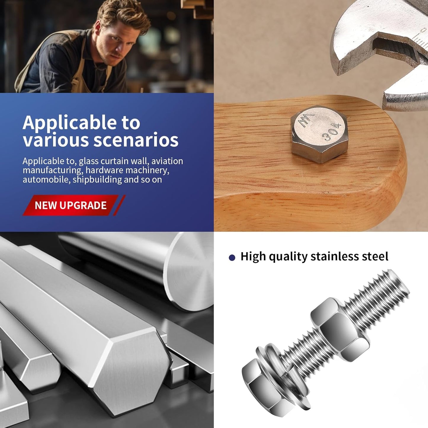 1/4-20 x 3" Hex Head Screw Bolt, Nuts, Flat & Lock Washers, 10Pcs 18-8 (304) Stainless Steel, Fully Threaded, by SG TZH