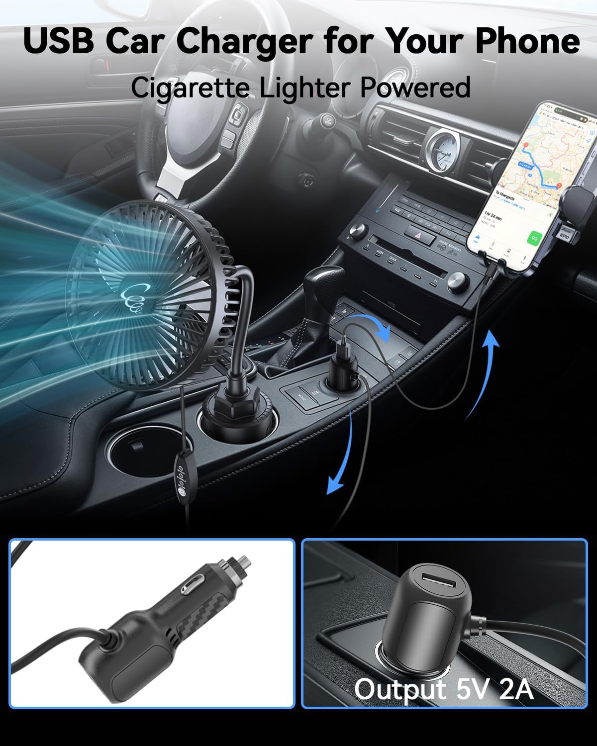 12V Car fan, 3-Speed Portable Vehicle Fan for Front Seat, Cigarette Lighter Powered with Car Charger, Mounted in Cup Holder, 360° Rotation, Car Necessities for Dog/SUV/RV/Truck/Van
