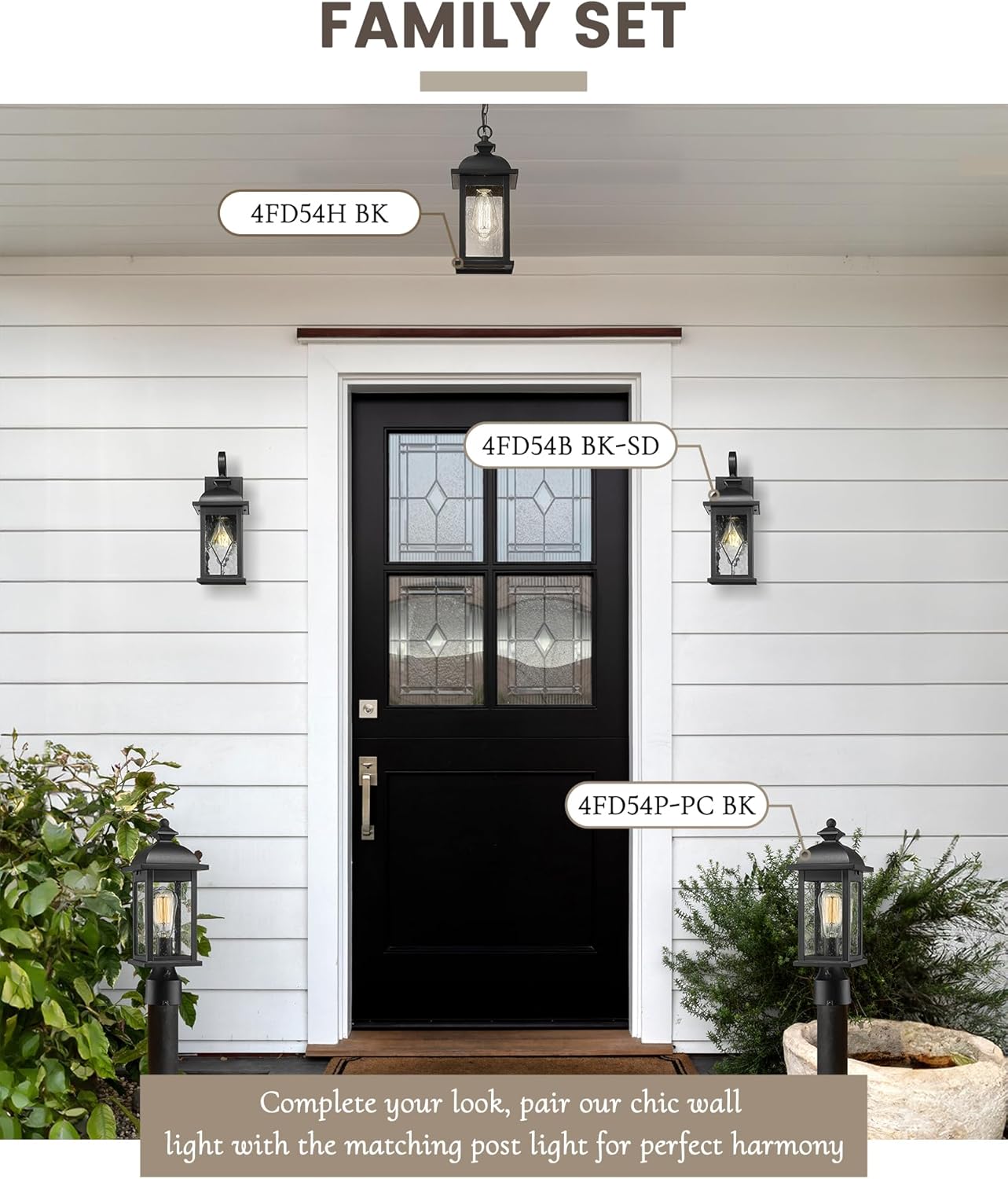 FEMILA 15" Exterior Wall Sconce, 2-Pack Outdoor Waterproof Wall Lights Fixture, Anti-Rust Matte Black Finish with Water Ripple Glass,4FD54B-2PK BK-SD