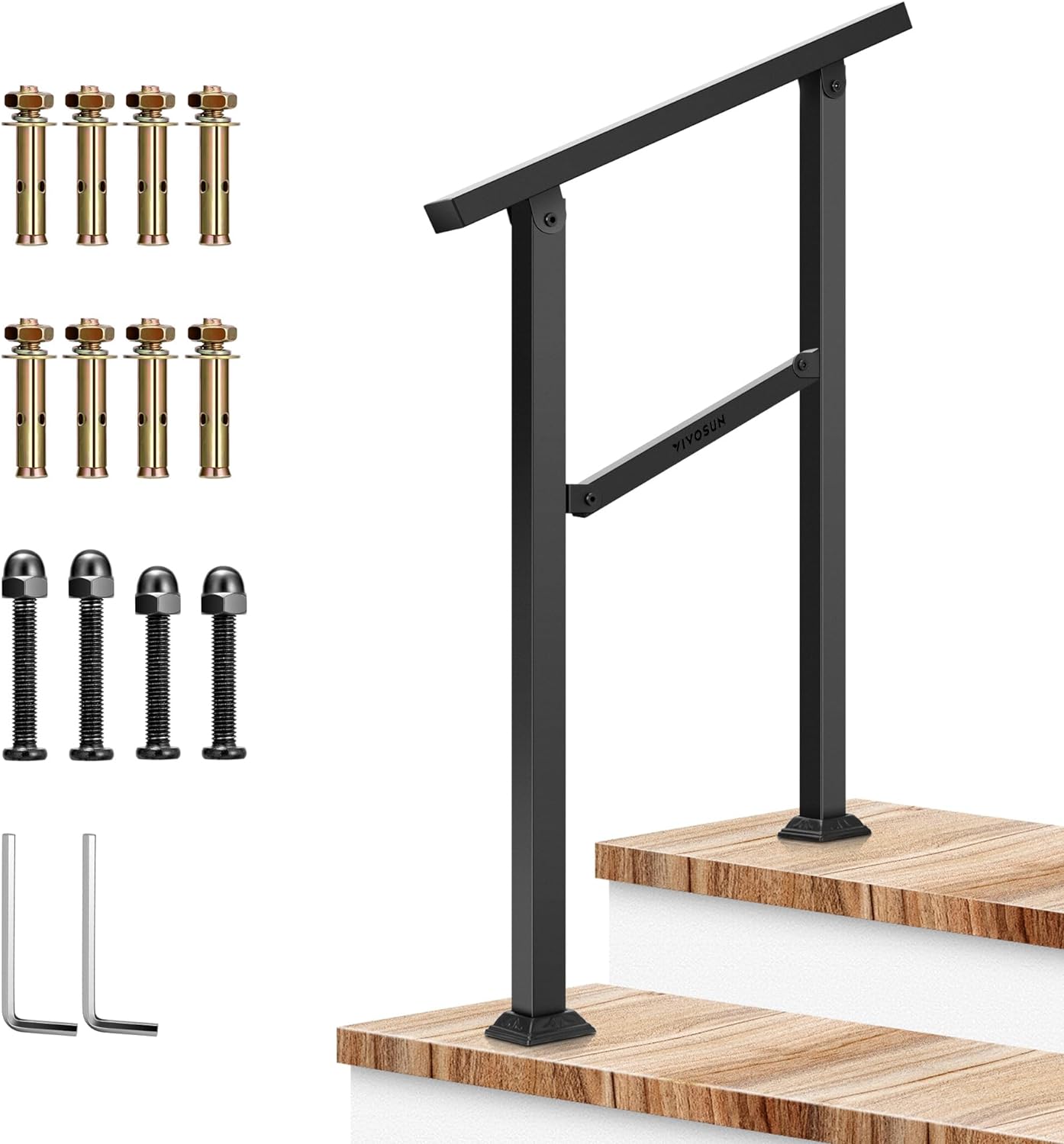 VIVOSUN Outdoor Handrail, 2 Step Stair Handrail, 26" × 36" Fits 1 to 2 Steps, Wrought Mattle Iron Handrail for Concrete Steps, Porch Steps, One-Step Assembly, Black