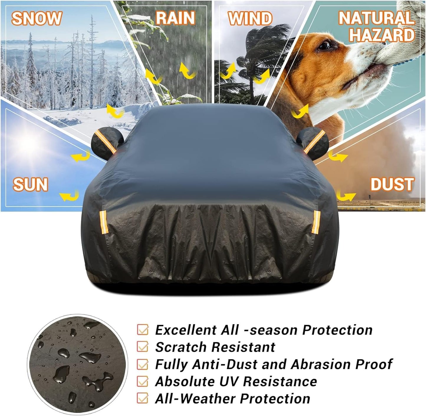 Tecoom All Weather Fleece Lining Car Cover - Windproof, Sun UV Protection, Waterproof, Hail Protector, Zipper Door, Sedan (170-190 Inch)