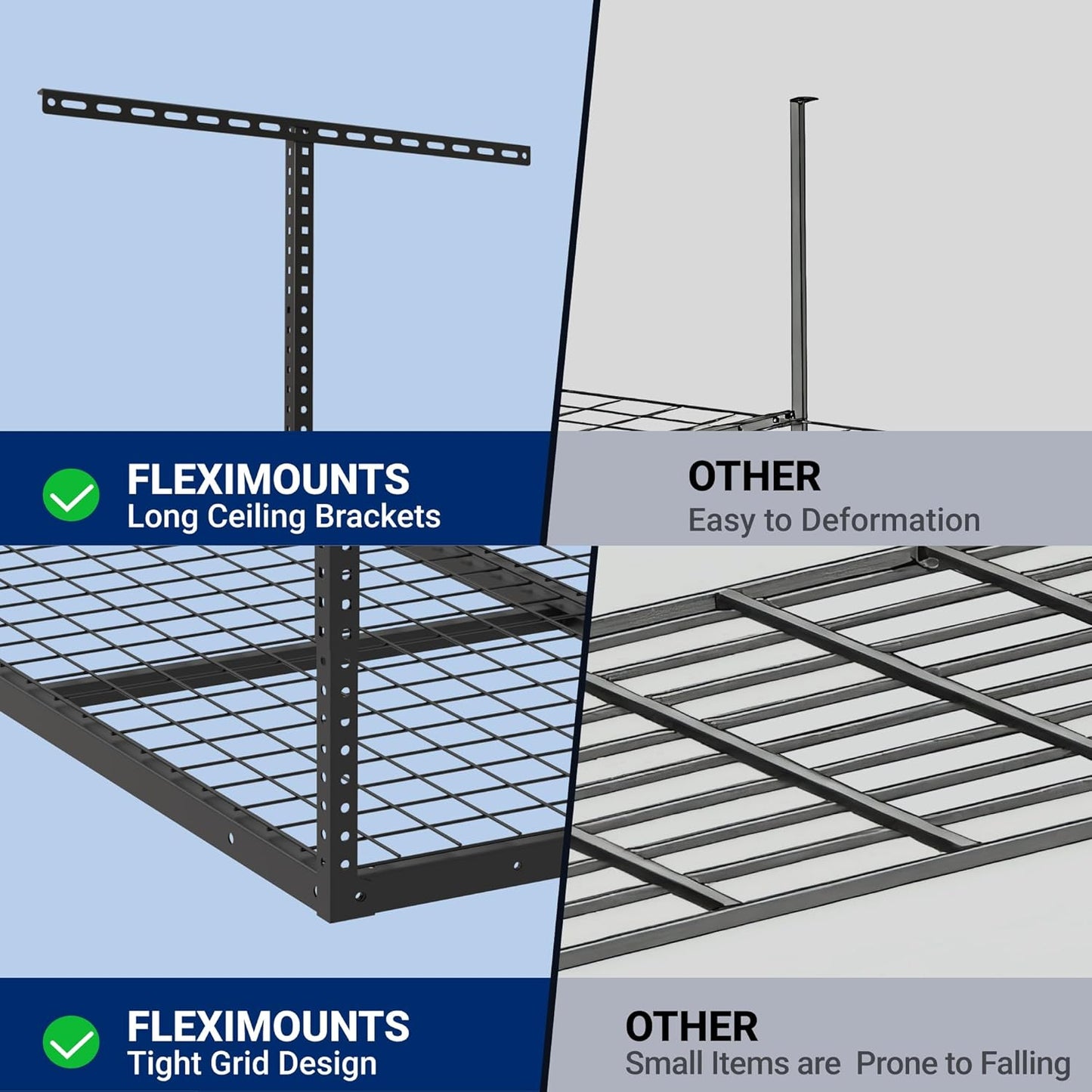 FLEXIMOUNTS 4x4 Overhead Garage Storage Rack, Adjustable Organization System, Heavy-Duty Metal Ceiling Racks, 350lbs Weight Capacity, Black