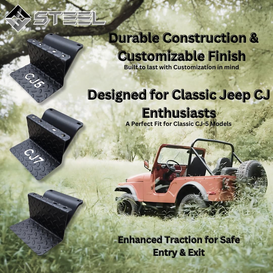 CJ5 Side Steps Compatible with Jeep © CJ Vehicles (Pair) - Solid Steel Construction - Metal Diamond Treadplate Traction Design - Universal Fitment on Classic CJ-5 (CJ7) (Solid-Black)