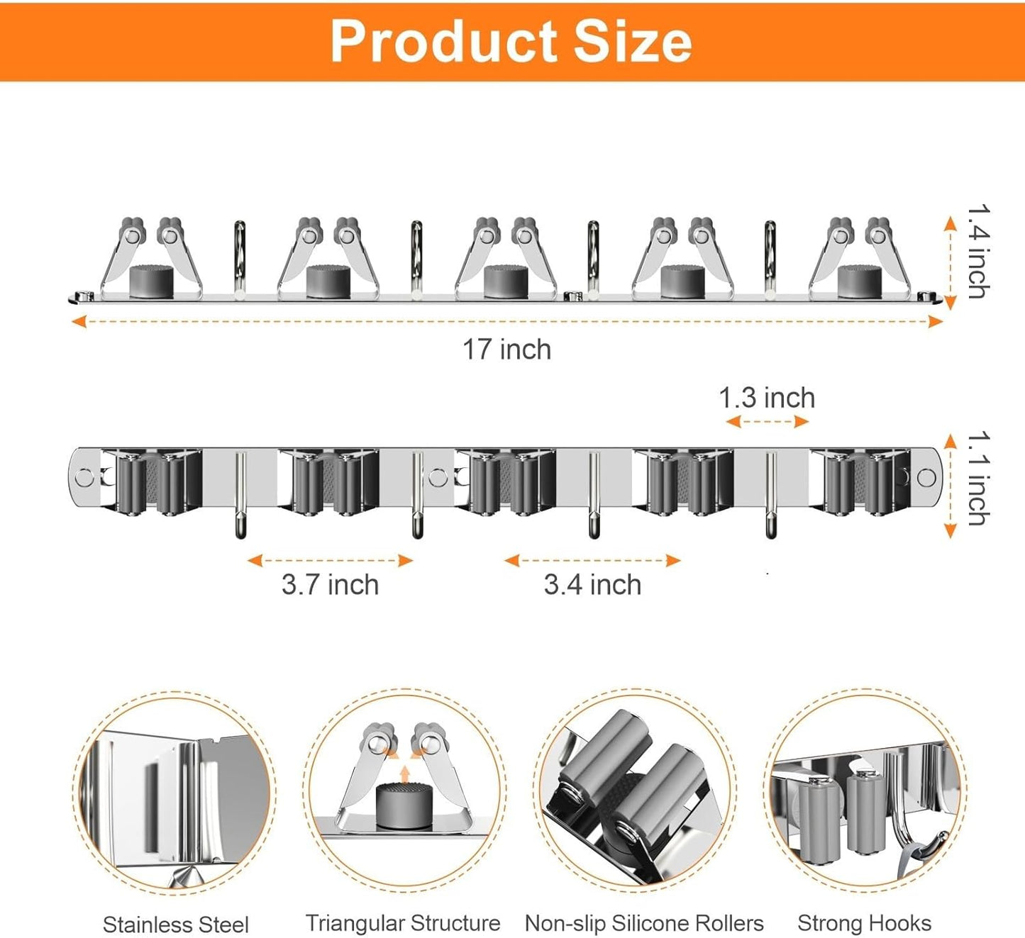 2 Pack Mop and Broom Holder Wall Mount, Non-slip Broom Hanger Wall Mount, Heavy Duty Mop Broom Organizer for Kitchen Garden Garage Laundry Room Wall Decor Organization and Storage Silver 5R4H