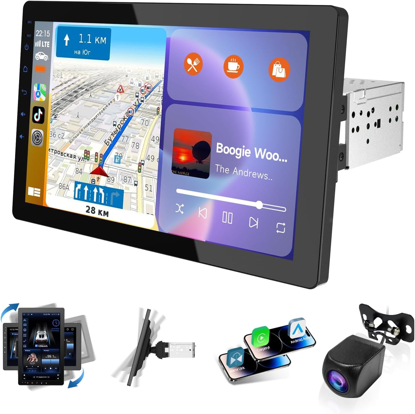 Single din Car Stereo,Rotatable Carplay Screen with 1080P Rear Camera,Wireless CarPlay & Android Auto Touch Screen,Mirror Link|Bluetooth|Music Play|AUX|FM,10.1" Wireless Single Din Car Radio