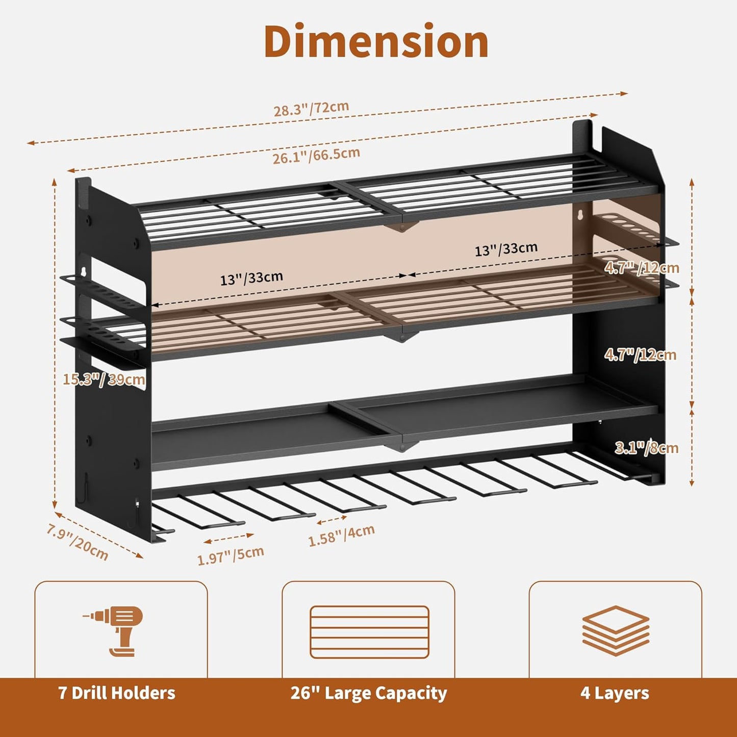 NINAT Heavy Duty 4-Tier Wall Mount Tool Organizer Rack - 7 Drill Holders, 150lb Capacity for Power Tools, Cordless Drills | Garage, Workshop, Shed & Basement Storage Solution