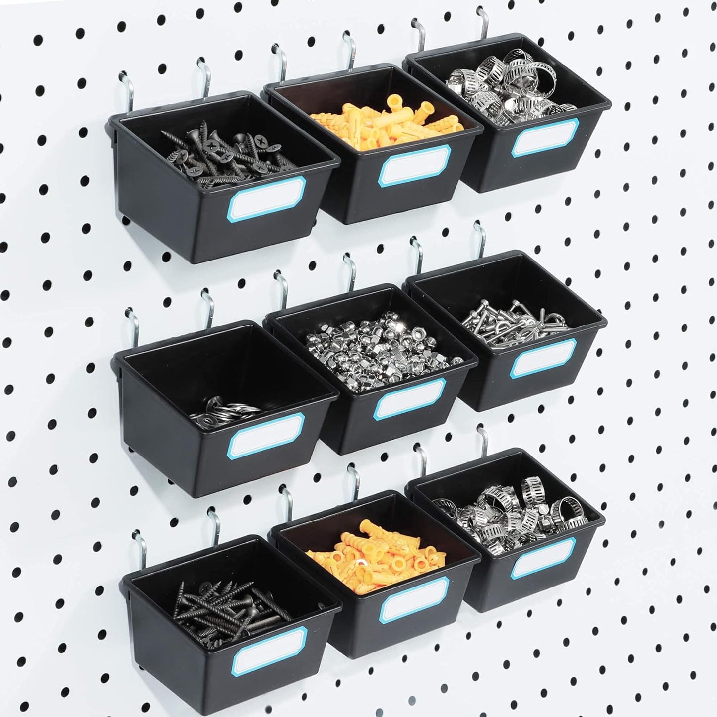 FRIMOONY 16 Pack Pegboard Bins with Hooks and Labels, for Organizing Accessories, Black