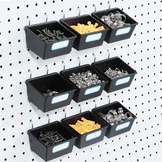 FRIMOONY 16 Pack Pegboard Bins with Hooks and Labels, for Organizing Accessories, Black