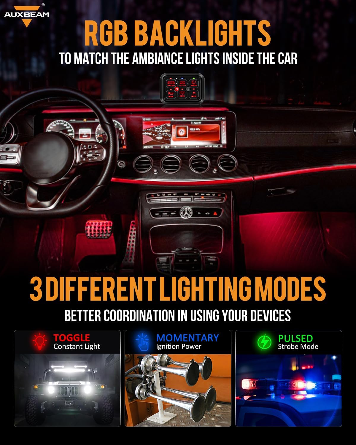 Auxbeam 6 Gang Switch Panel RA60 Toggle Momentary Pulsed RGB Dimmable Switch Panel Multifunction Switch Panel Built in Solid State Relay Marine Control Panel Waterproof for Car Boat, 2 Years Warranty