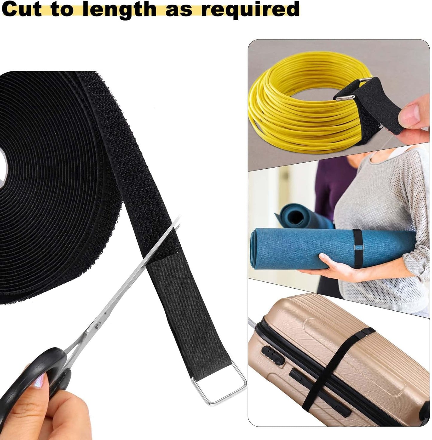 1"x64ft Hook and Loop Straps with 70 Metal Buckles, Adjustable Fastening Cable Straps, Cut-to-Length Cinch Strap, Reusable Nylon Securing Cord Ties for Organizer or Storage, 1 inch Wide, Black