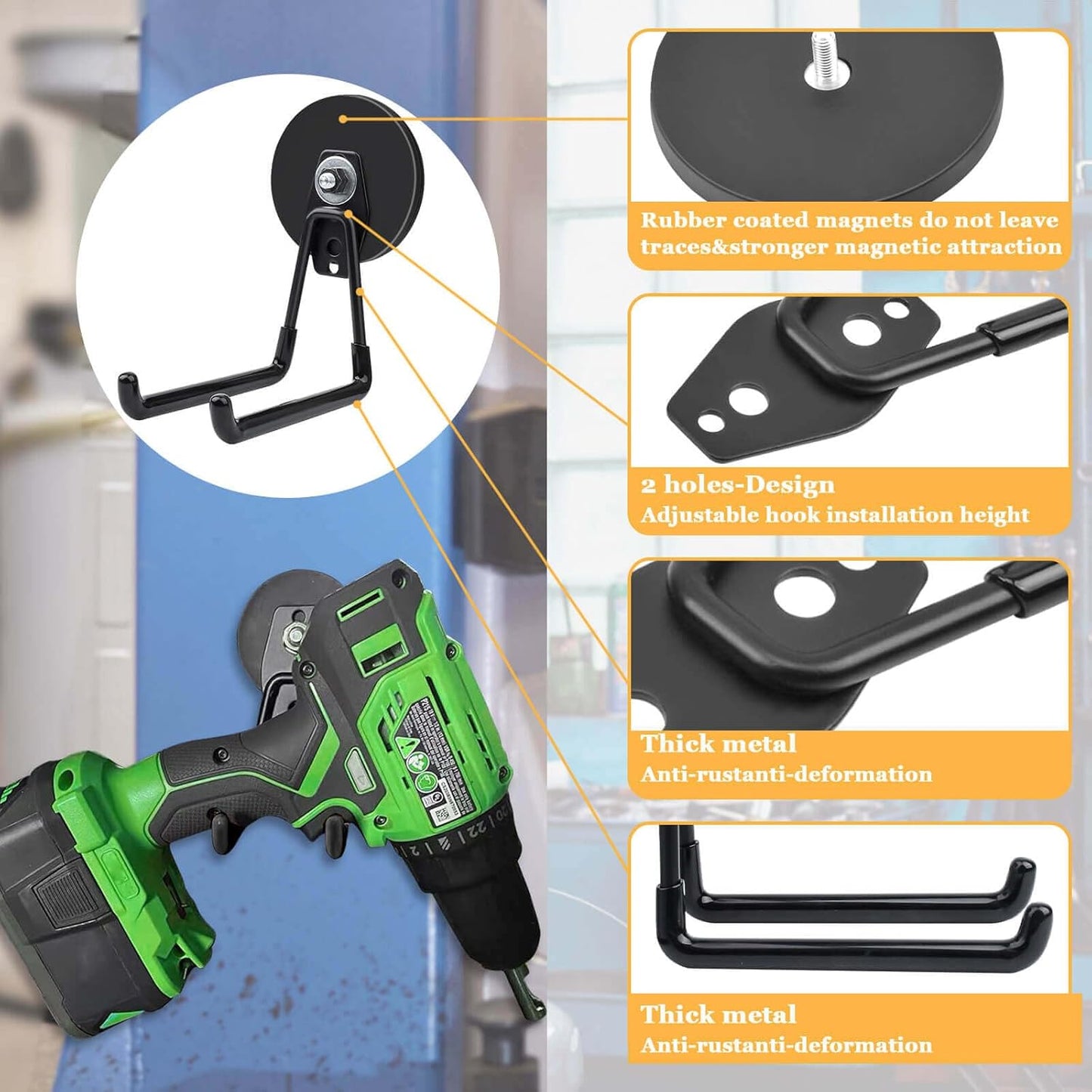 2 Pack Magnetic Hooks, Large Manget with Hooks, 2.59" (66 mm) Magnetic Hooks Heavy Duty for Hose, Jig Saw, Circular Saw,Workshop Organization, Tool Hooks for Hammer Drill, Garden Tool, Black