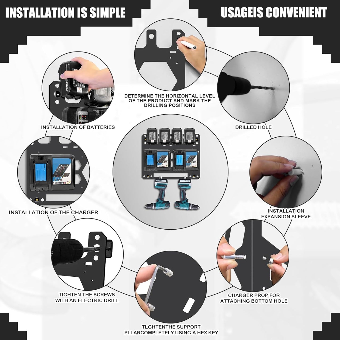 FETESNICE Metal Charger Mount for Makita Battery Holder and DC18RC DC18RD Charger,Stable for Makita Wall Mount Charger,1-4-Slot Battery Storage Rack for Makita,Order in Workspace and Garage