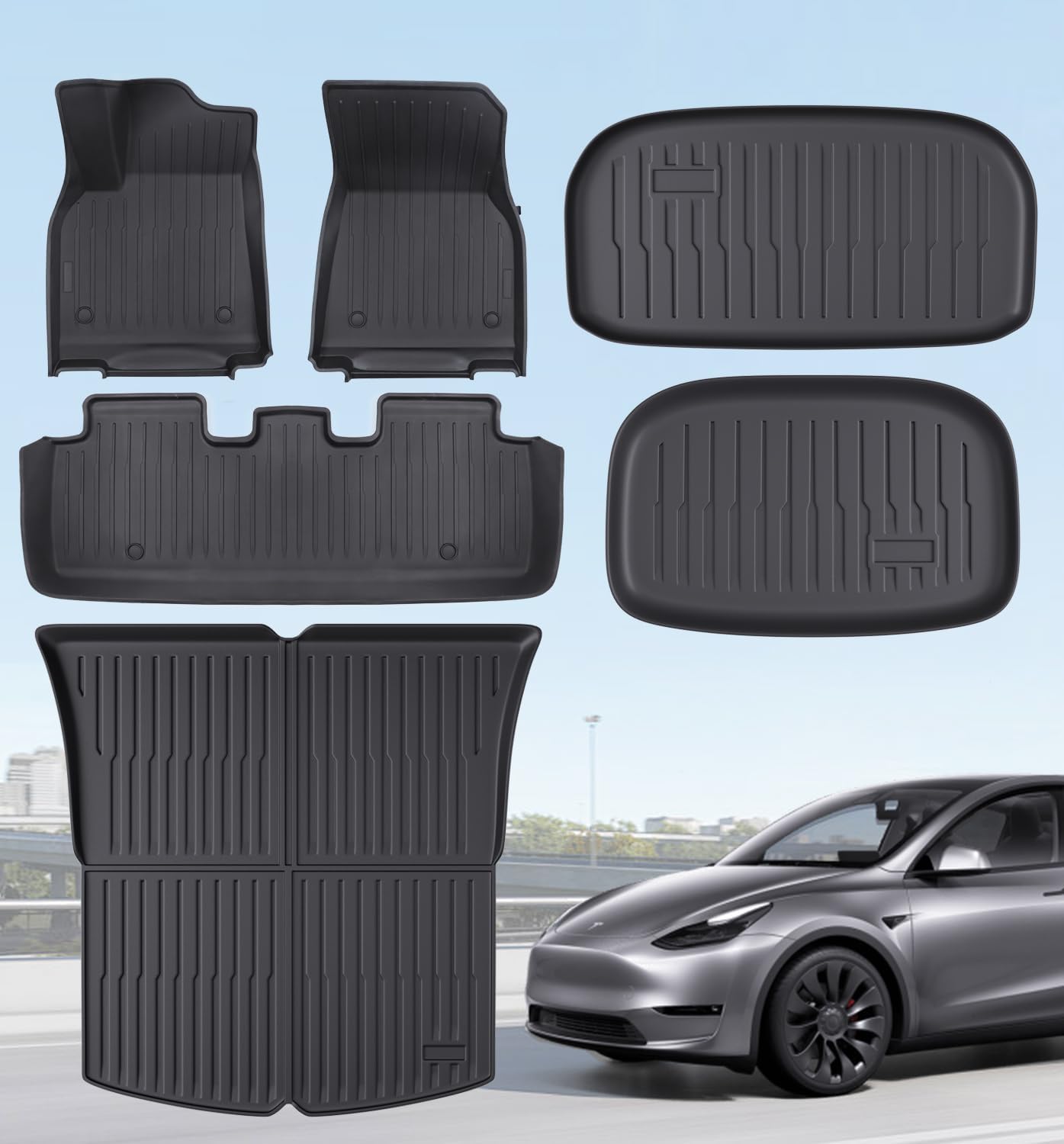 Floor Mats Fits for Tesla Model Y 5-Seat 2024-2020 - All Weather TPE Front, Rear, Cargo & Sub-Trunk Mats, 6-Piece Custom Fit (Not Fit 7-Seat)