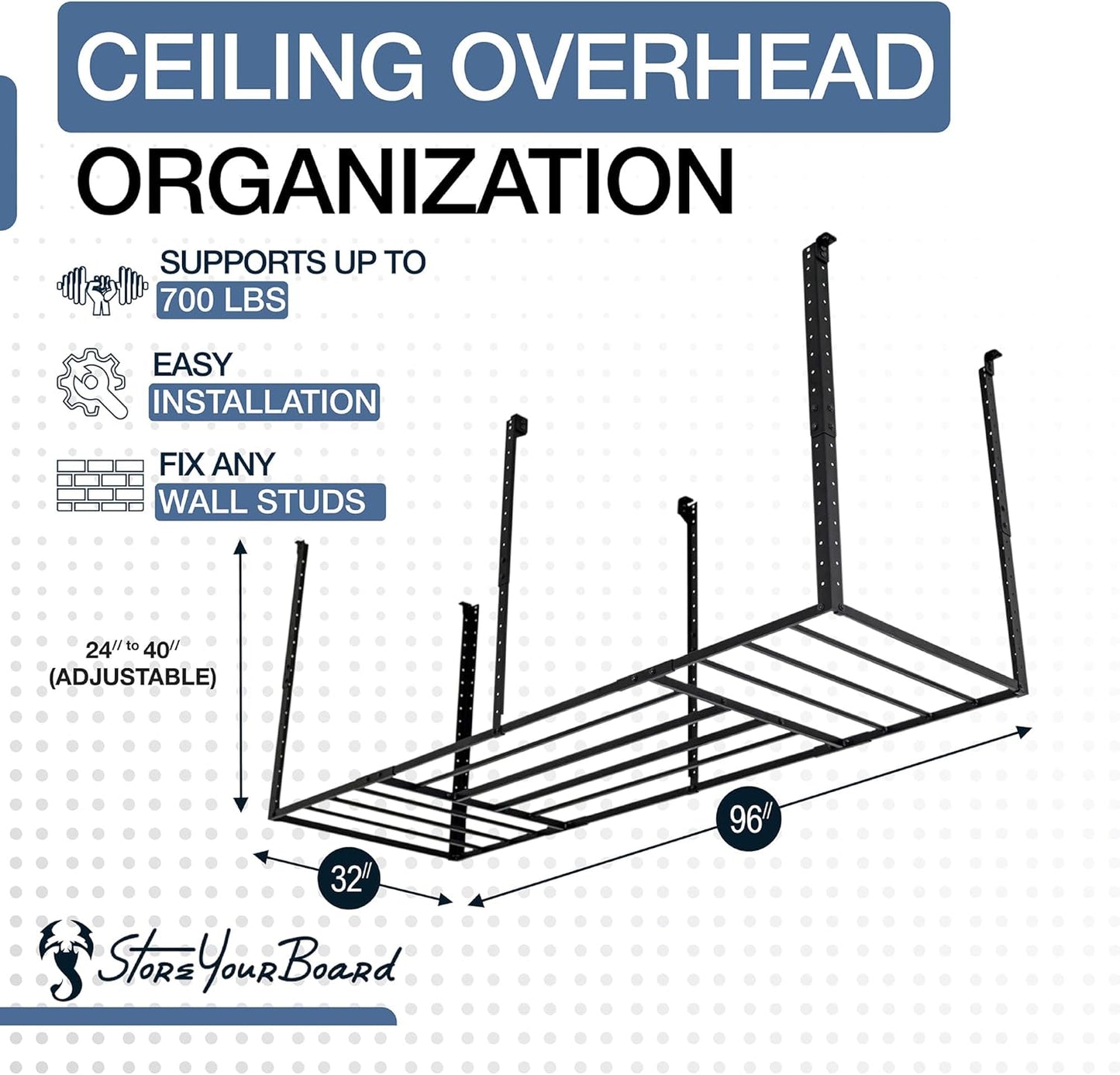 StoreYourBoard Heavy-Duty Ceiling Mounted Garage Shelving, Steel Overhead Ceiling Shelf, 3x8 Garage Organization Rack with Hooks, Holds 700 lbs