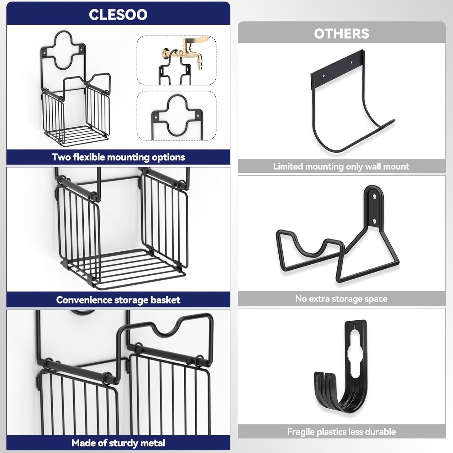 Garden Hose Holders for Outside Metal Water Hose Holder Wall Mount Hose Hanger with Storage Basket Heavy Duty Waterhose Holder for Outside Hose Rack Outdoor Hose Caddy Hook for Garden Organizer Black