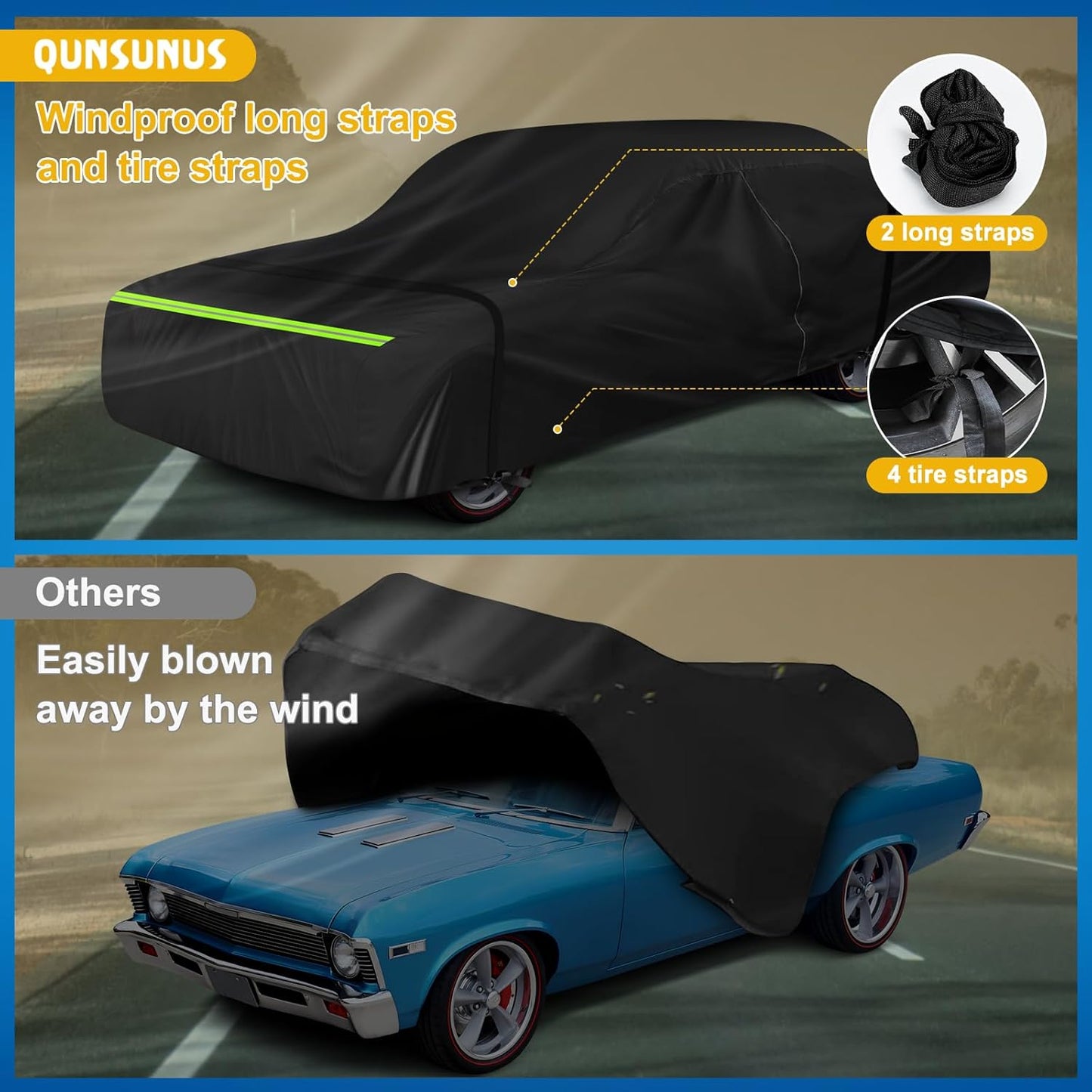 QUNSUNUS Waterproof Car Cover for Chevy Nova 2-Door 1968-1979, Outdoor Car Covers with Zipper, All Weather Cover with Straps and Elastic Edges for Wind, Sun, UV and Dust Protection