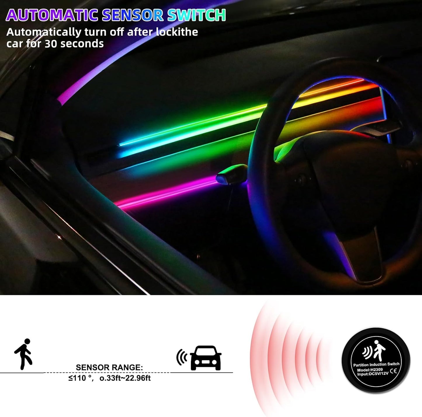 Dream+Color Acrylic Interior Car LED Strip Light with Motion Sensor Switch, 55.1 inches Neon LED Strip Light, RGB Colors Ambient Lighting Kits
