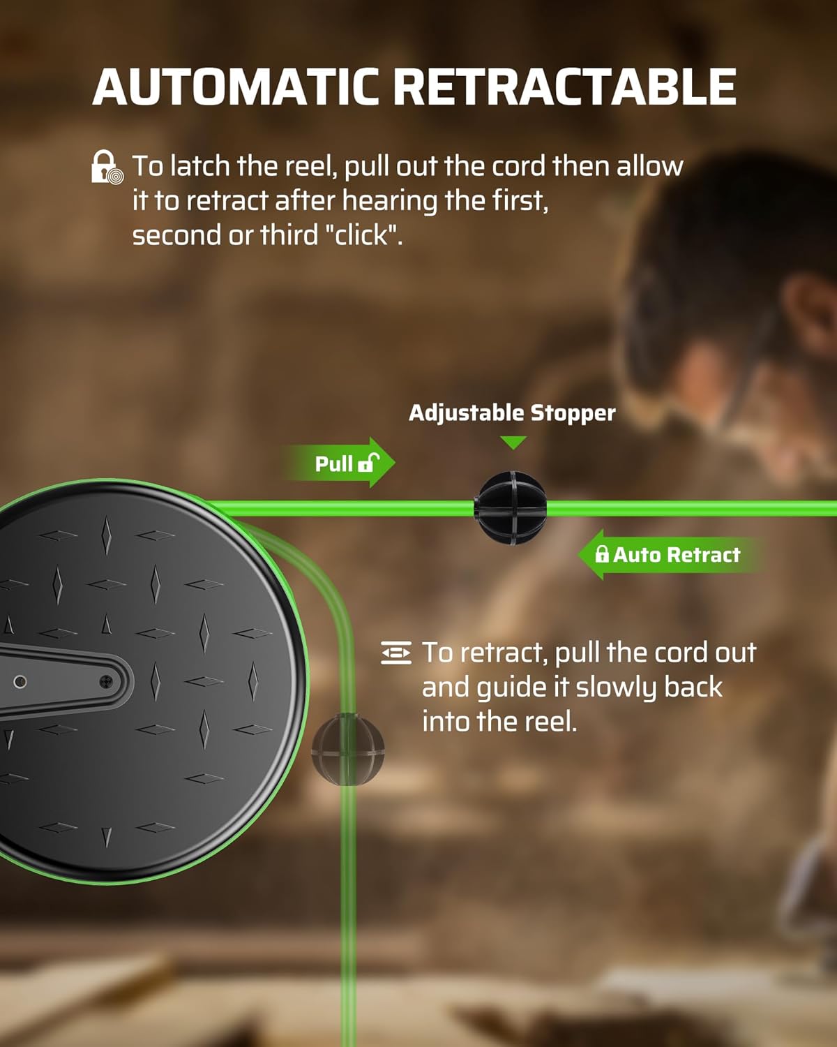 DEWENWILS 30FT Extension Cord Reel, 16/3 Gauge SJTW Power Cord, Retractable Cord Reel with 3 Outlets, Ceiling/Wall Mount for Garage, Workshop, 10A Circuit Breaker, Metal Plate, UL Listed, Green