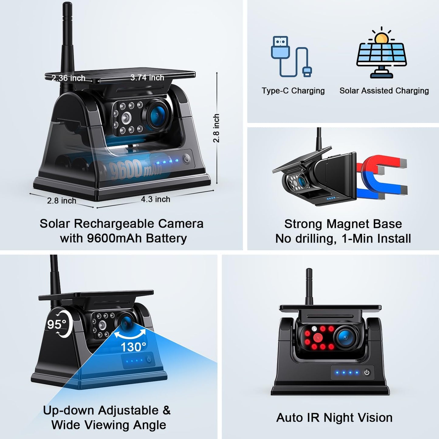 Fookoo 2 Magnetic Solar Wireless Backup Camera 7" IPS Touchscreen Monitor 1 Min DIY Install Portable Scratch-Proof No Drilling HD 1080P DVR Rechargeable Night Vision for Car RV Truck Camper - DCM702