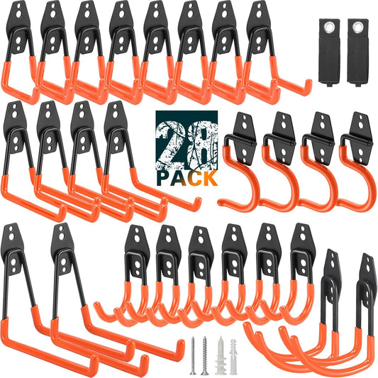 28 Pack Heavy Duty Garage Hooks, Utility Wall Mounted Storage System, with Anti-Slip Coating Hanger, for Hanging Power and Garden Tools, Ladders, Bikes, Ropes and Bulk Items