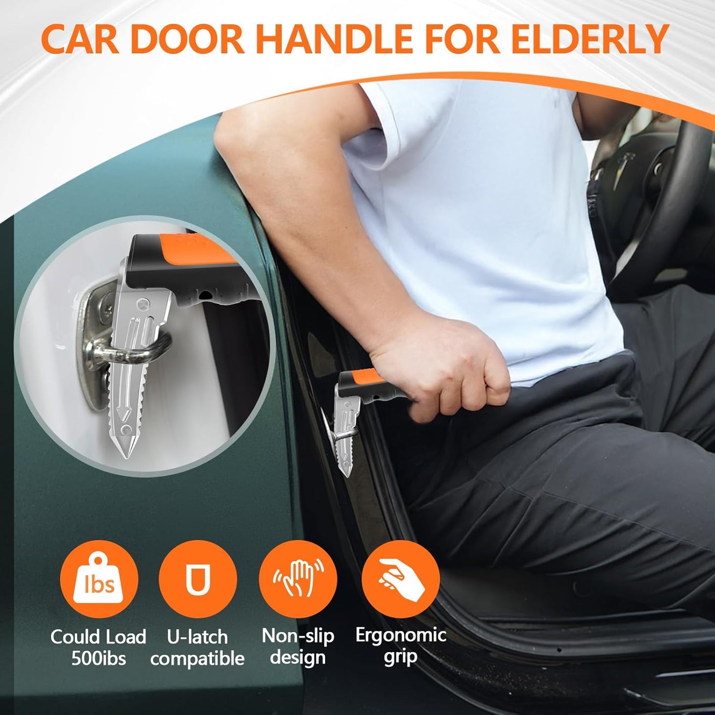Car Door Handle for Elderly - 2025 New 3 in 1 Car Handle Assist, Auto Cane Portable Vehicle Support Handle Door Assist Bar, Max Load: 500 Lbs, Anti-Slip Design (Orange)