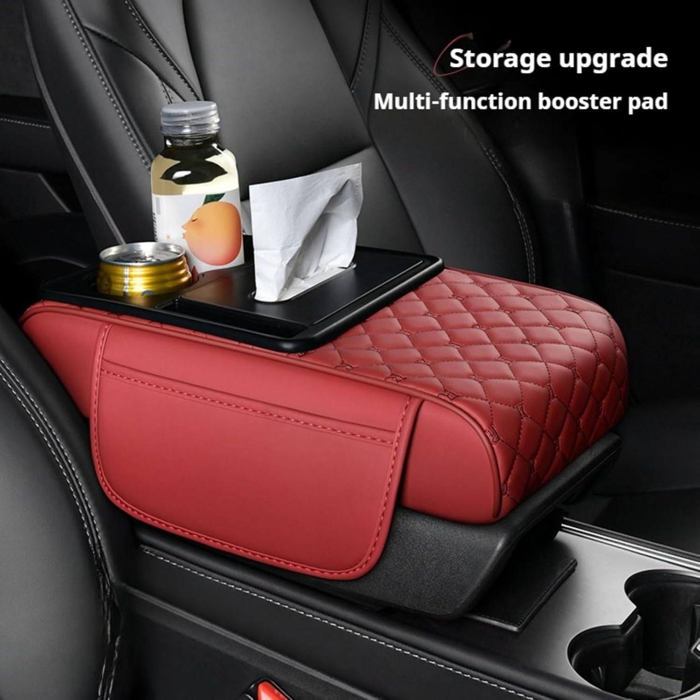 Center Console Cover Organizer, 5-In-1 Arm Rest Cover for Car with Cup Holder & Storage Pocket & Tissue Holder, Armrest Cover Cushion Pad, Grid, Red