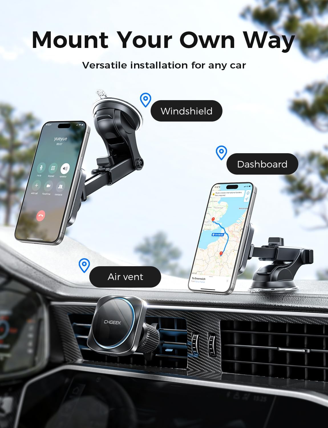 CHGeek for 15W Magsafe Car Mount Charger, iPhone Wireless Car Charger Magnetic Car Phone Holder Mount Fit iPhone 16 15 14 13 Magsafe Case, Vent/Windshield/Dash Phone Mount Holder Fast Cooling Charger