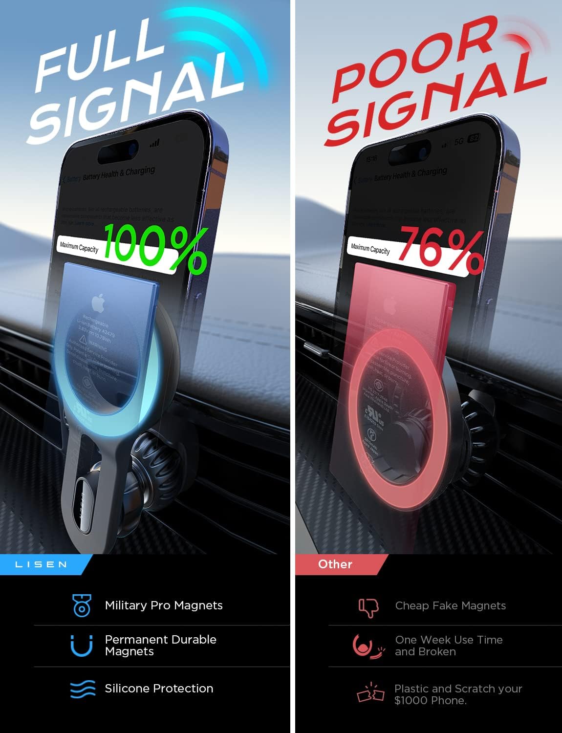 LISEN for MagSafe Car Mount Magnetic Car Phone Mount, Air Vent Phone Holder Car [Super Strong Magnets] Hands Free Cell Phone Holder 17X Strong Clip Car Accessories fit iPhone 16 15 14 13 Pro Plus Max