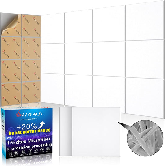 15 pcs 165dtex Microfiber Acoustic Panels ，Self-Adhesive Soundproof Wall Panels, 12 x 12 x 0.4 in Sound Proof Foam Panels for Walls, High Density, Noise Dampening Panels for Home Studio（White）